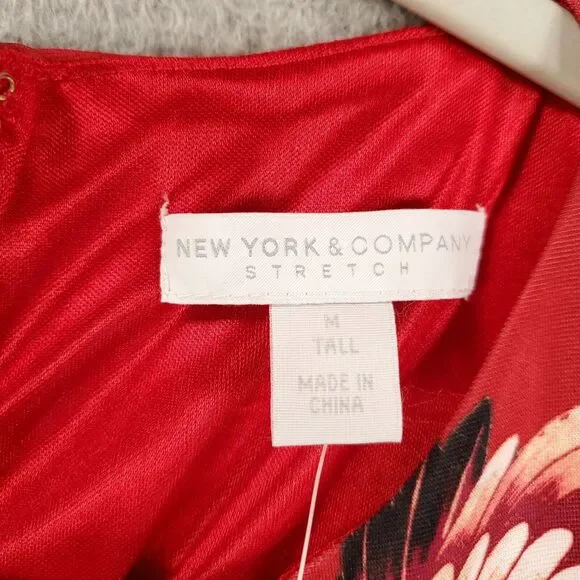 New York & Company Dress Womens Medium Tall Red Birds Floral Stretch NWT - Picture 6 of 13